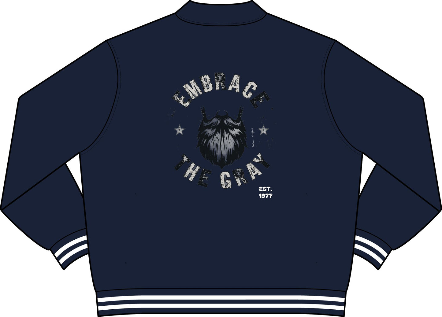 Andreco B. Embrace the Gray Varsity Jacket — Vintage Wolf Beard Graphic Collared Bomber
